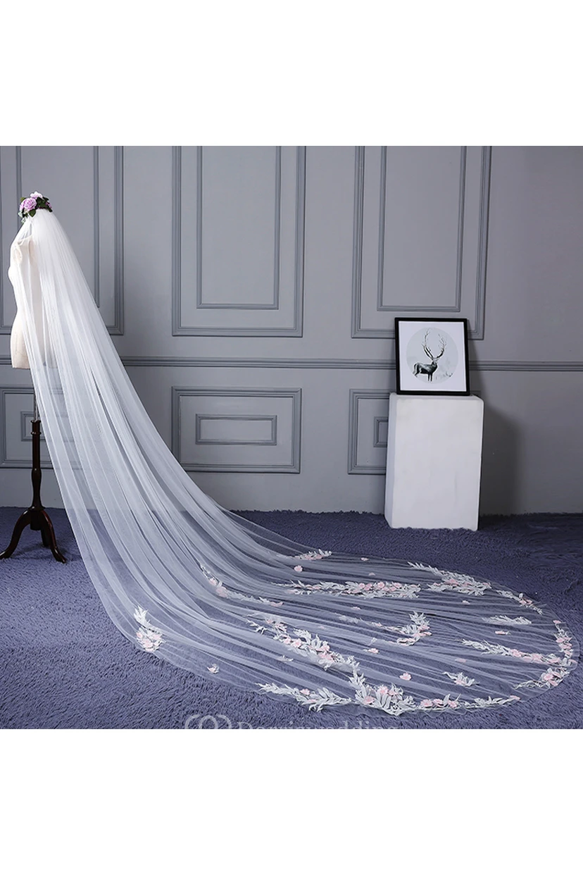 Ethereal Cathedral Wedding Veil with Flower Appliques view 2