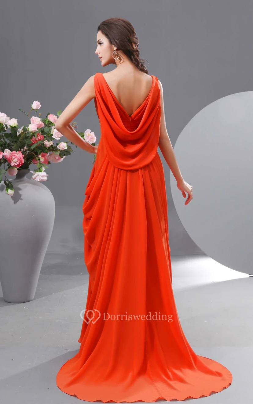 Einzigartiges langes Chiffonkleid im Empire-Stil mit V-Ausschnitt und drapiertem V-Rücken view 6