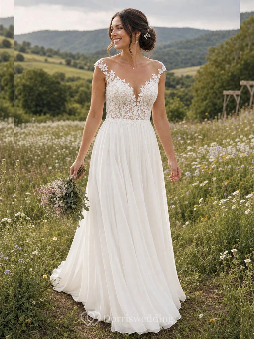 Chiffon-Etui-Brautkleid mit schulterfreiem Ausschnitt und schlichter Spitzenapplikation view 9