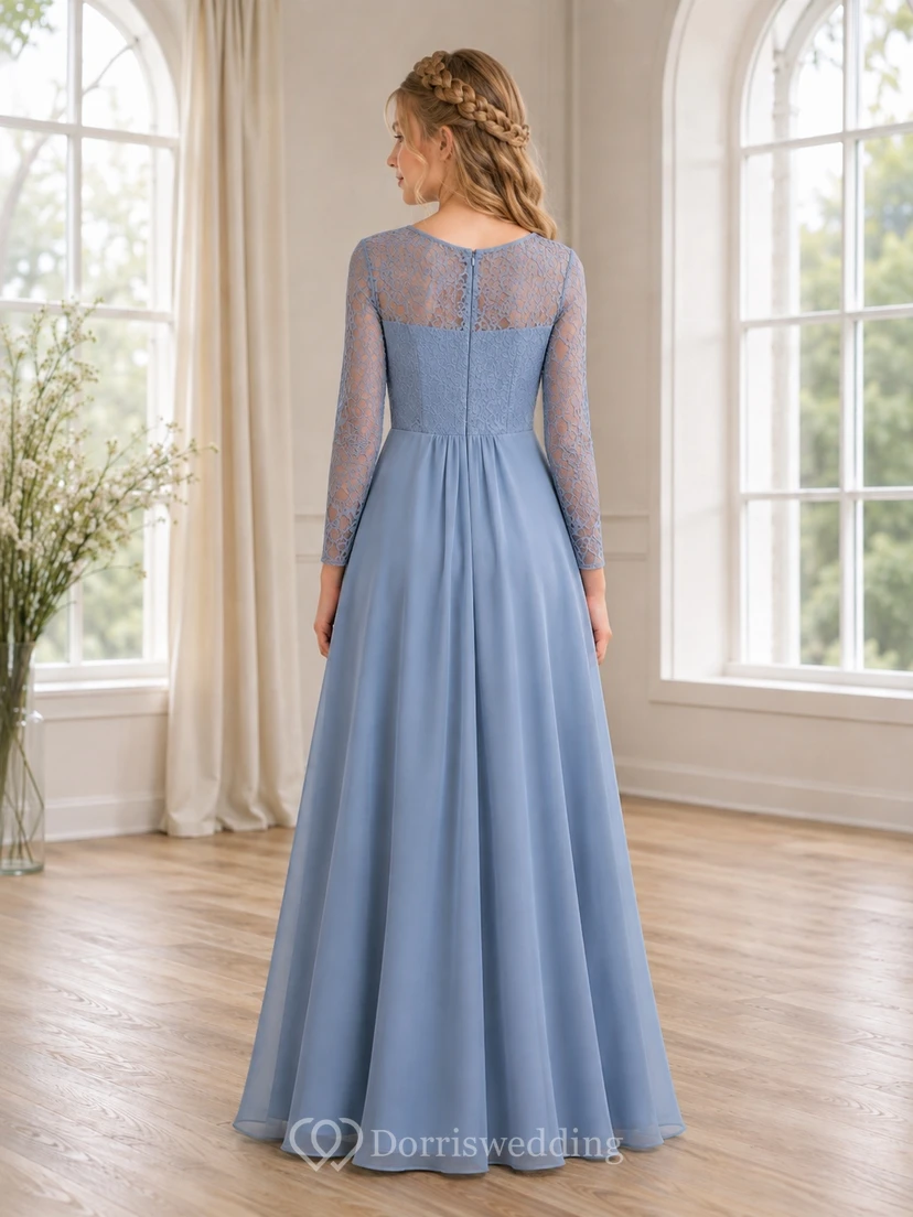 Stahlblaues Brautjungfernkleid für junge Frauen, A-Linie, U-Boot-Ausschnitt, lange Ärmel, Illusionsspitze, romantisch view 2