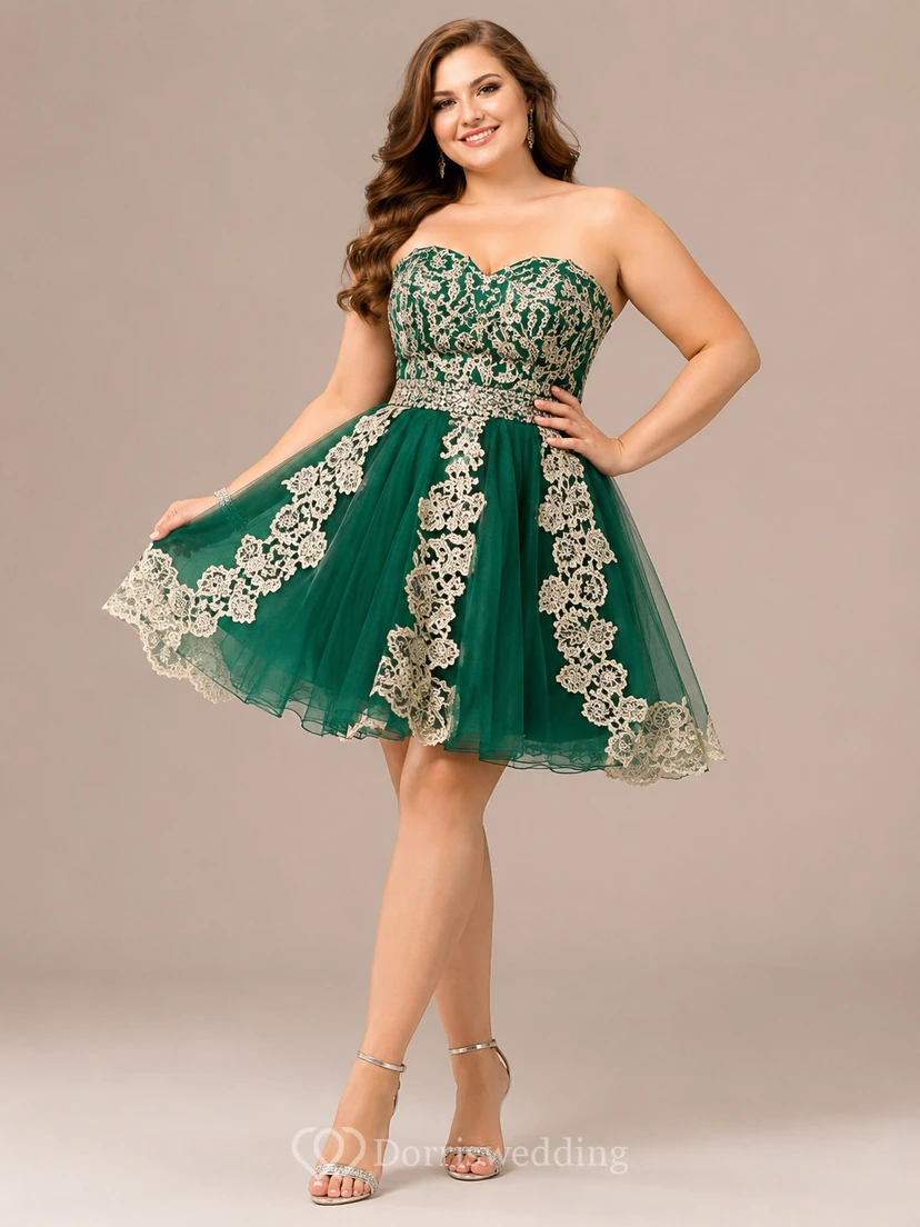 Ärmelloses, kurzes Mini-Abendkleid in A-Linie aus Spitze und Tüll mit Herzausschnitt, offenem Rücken und Reißverschluss view 4