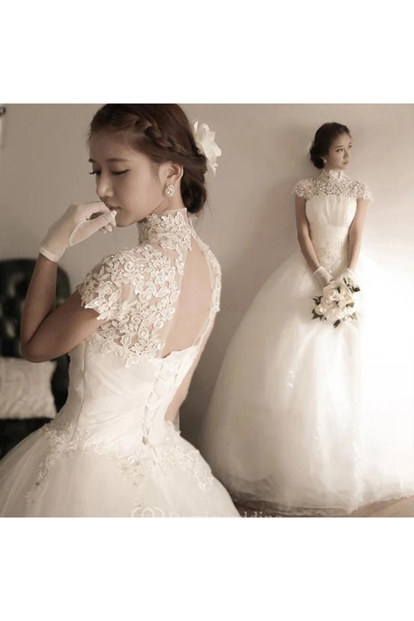 Elegant Tulle Lace Appliques Wedding Dress High Neck Ball Gown view 4