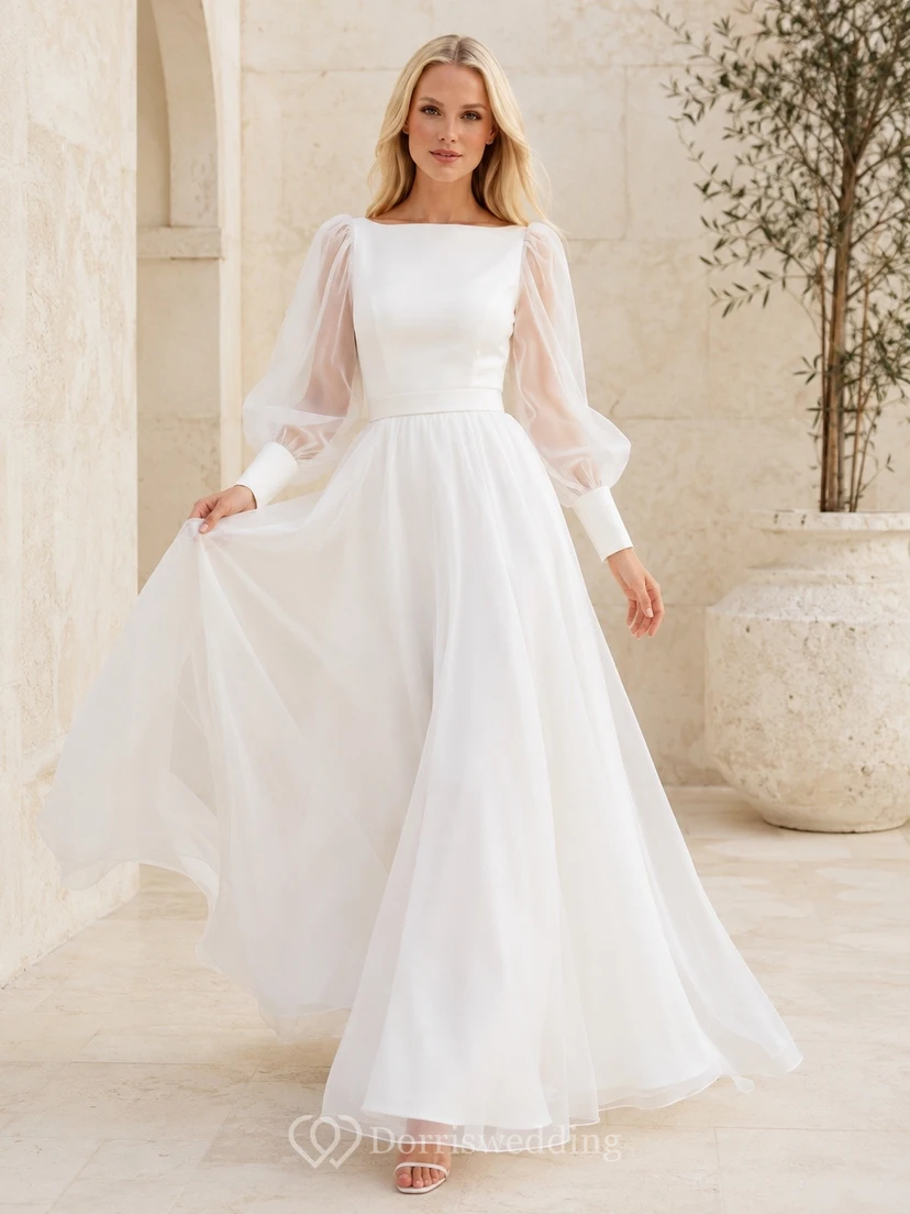 Romantic White Square Neck Long Sleeve Tulle Ball Gown Formal Dress