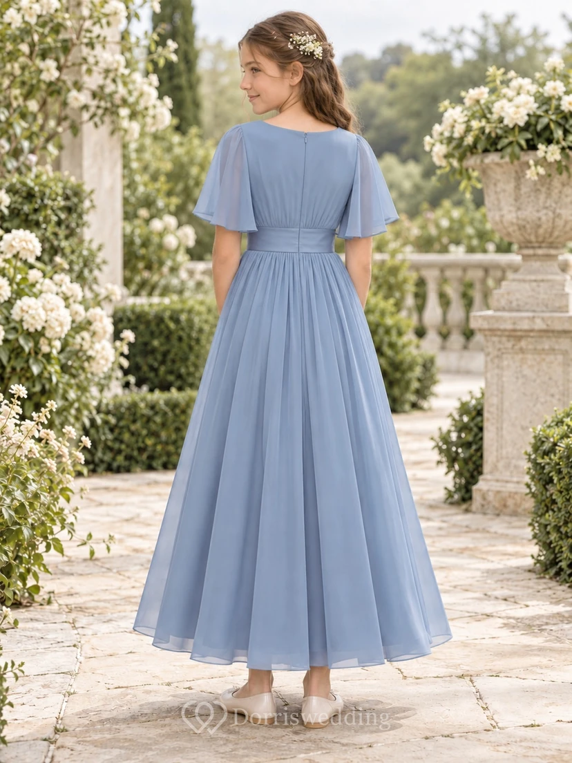 Simple Modest Ankle-length Steel Blue Jewel Neck Bell Sleeve Ruched Chiffon Sashed Flowergirl Dress view 2