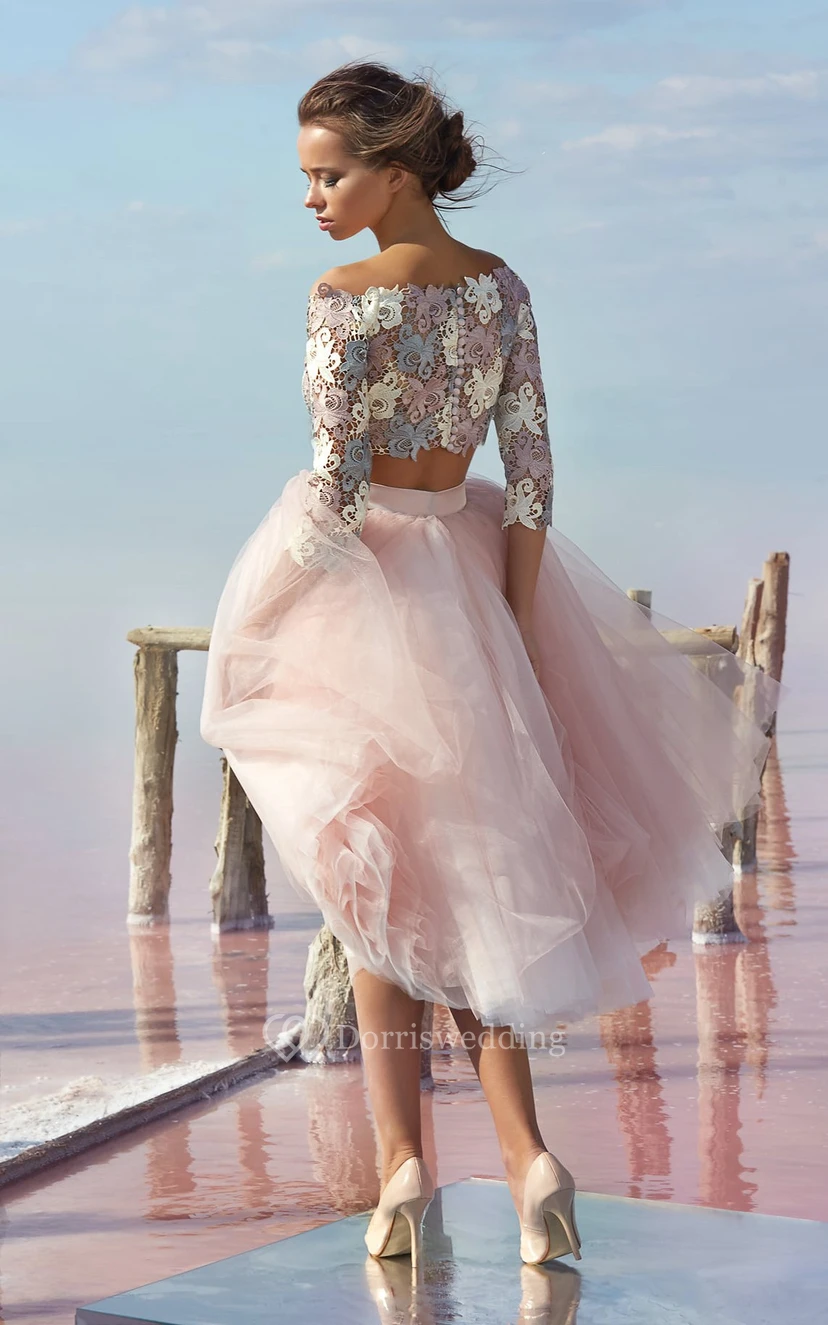 A Line Knee Length Off The Shoulder 3 4 Length Sleeve Tulle Button Dress view 2
