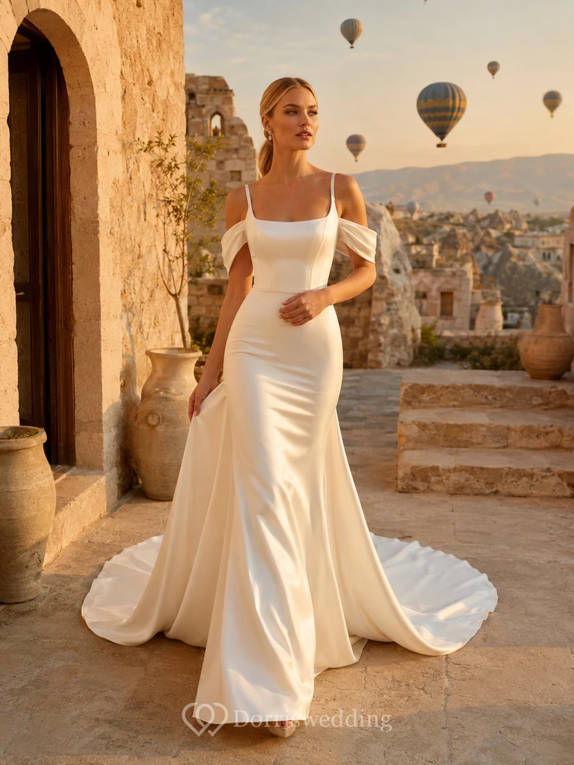 Robe de mariée sirène moderne en satin à encolure carrée et épaules dénudées, idéale pour une destination touristique