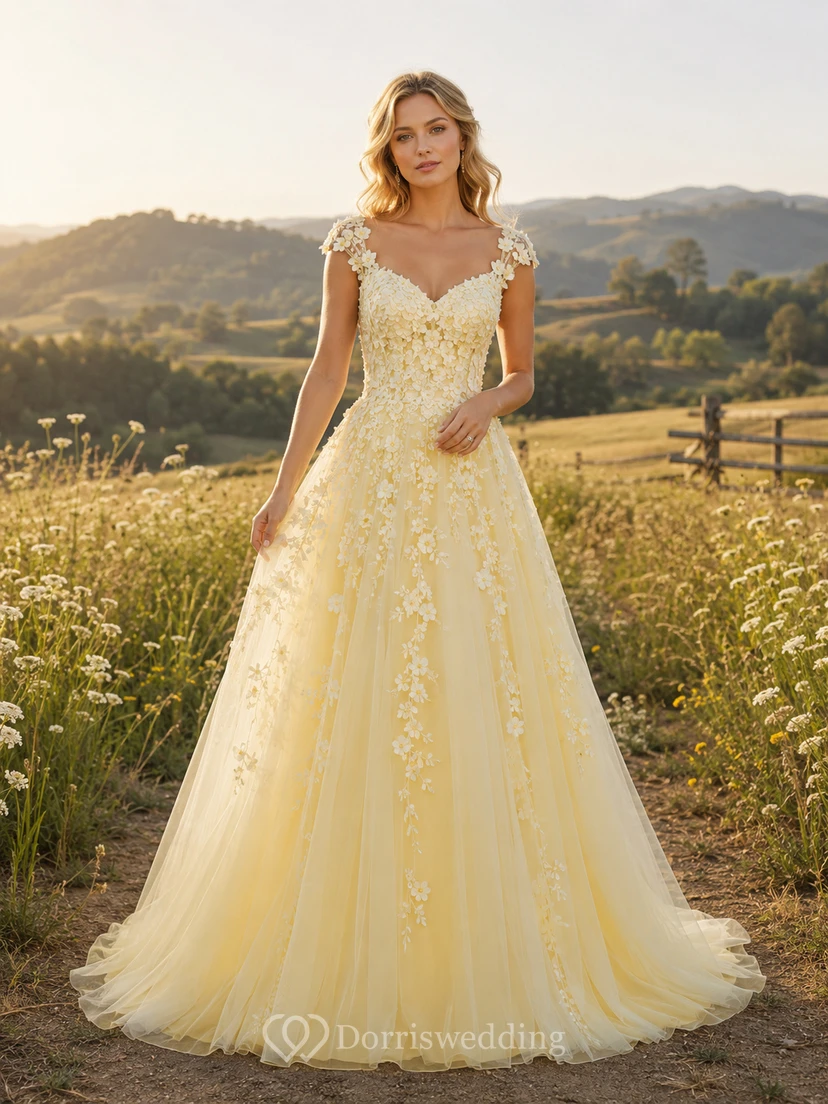 Yellow Floral Applique Countryside Meadow A Line Bridal Gown