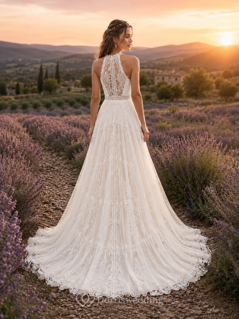 Boho Halter High Neck Floral Lace A Line Chapel Outdoor Wedding Dress view 2