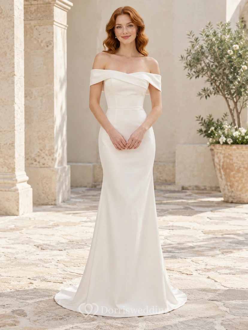 Simple Off Shoulder Satin Fitted Sheath Sweep Train Wedding Dress