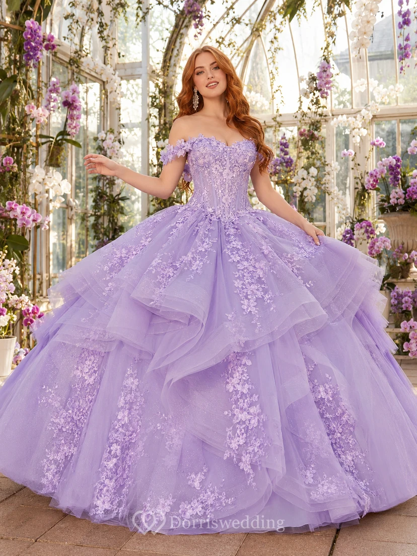 Robe de bal romantique à volants en tulle dégradé, épaules dénudées, décolleté cœur, style serre lavande