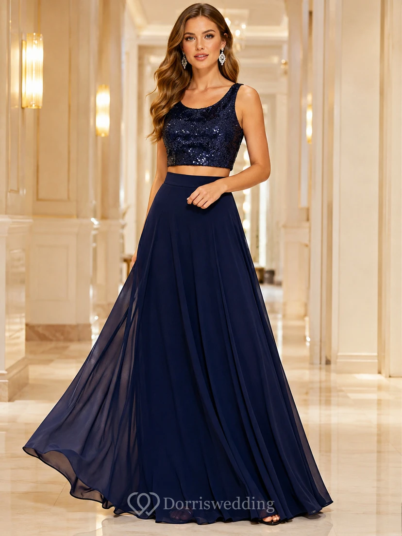 Dark Navy Two-Piece Scoop Straps Sequin Chiffon Floor Formal Gown