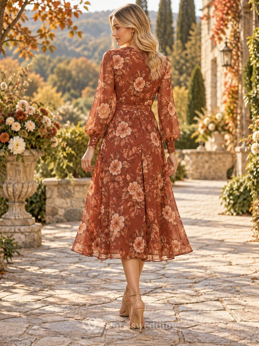 Braunes, rostfarbenes, geblümtes A-Linien-Kleid mit V-Ausschnitt und kurzen Ärmeln für Gäste im Herbst view 2