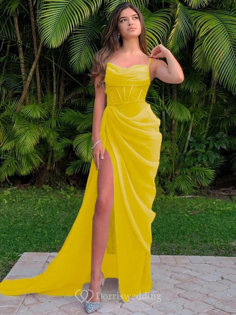 Spaghetti Ruched Sexy Front Split Sheath Side-ruched Prom Dress view 27