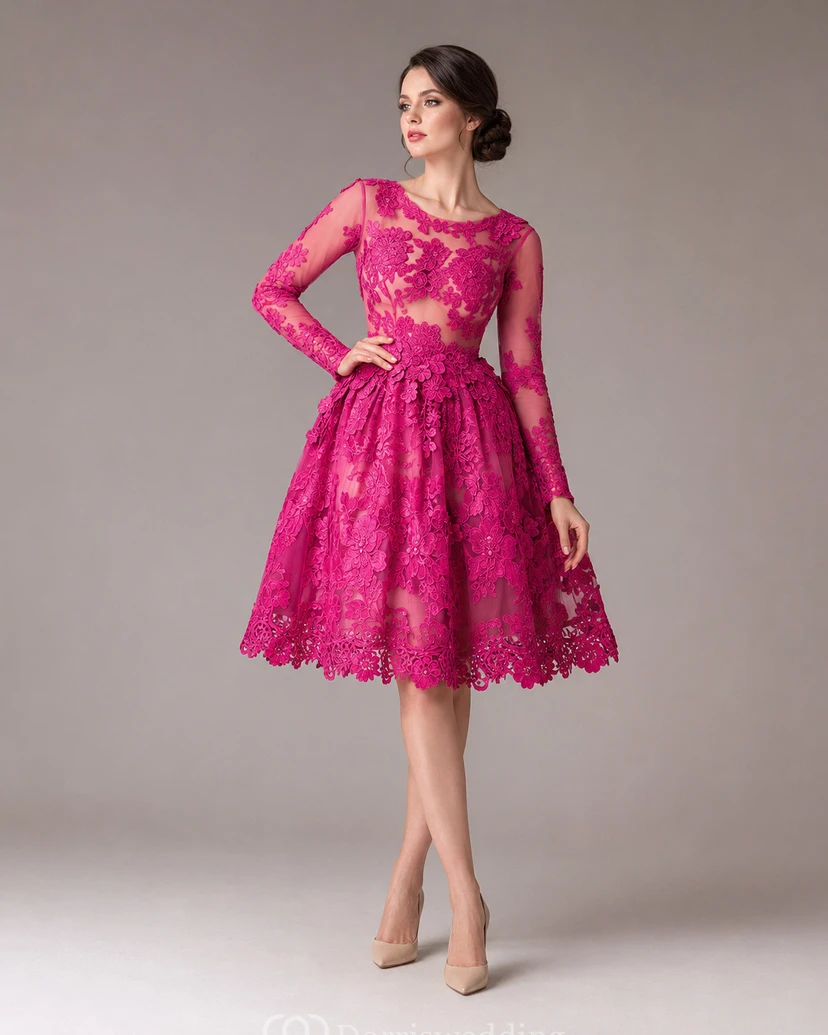 Zartes, ruyalblaues Applikations-Abendkleid mit langen Ärmeln view 19