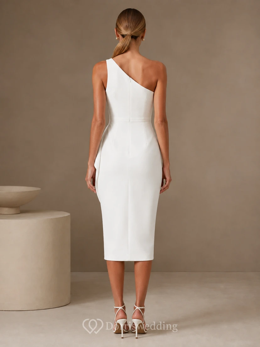 Asymmetric Midi White Sheath Tea-Length One-Shoulder Sleeveless Satin Modern Cocktail Dress view 2