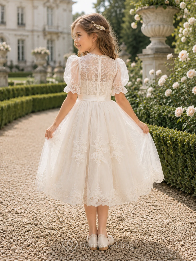 A-Line French Vintage Flower Girl Dress with Puff Sleeves, Floral Lace Skirt, Satin Waist, Tea-Length Heirloom Formal Style view 2
