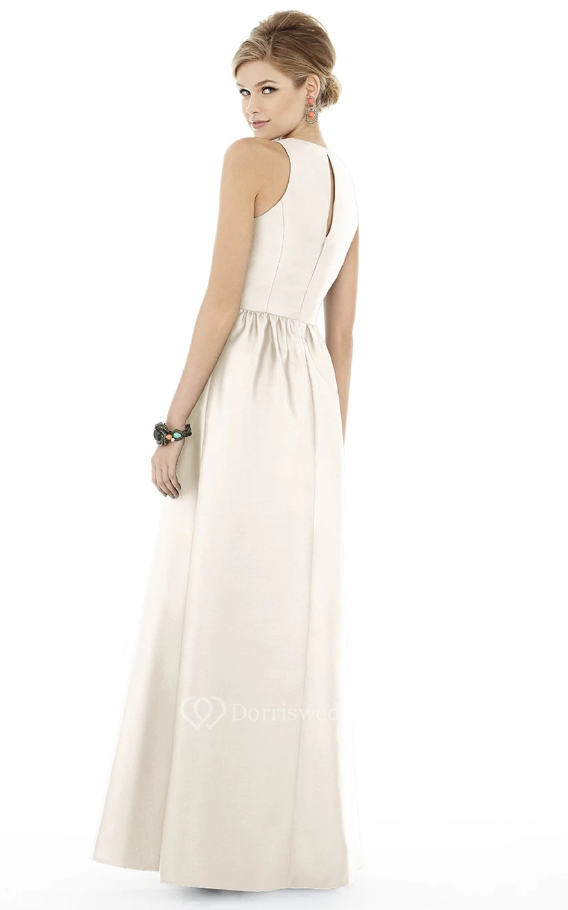 Elegant Floor-length Sleeveless Satin Dress with Jewel Neckline and Pleats view 2