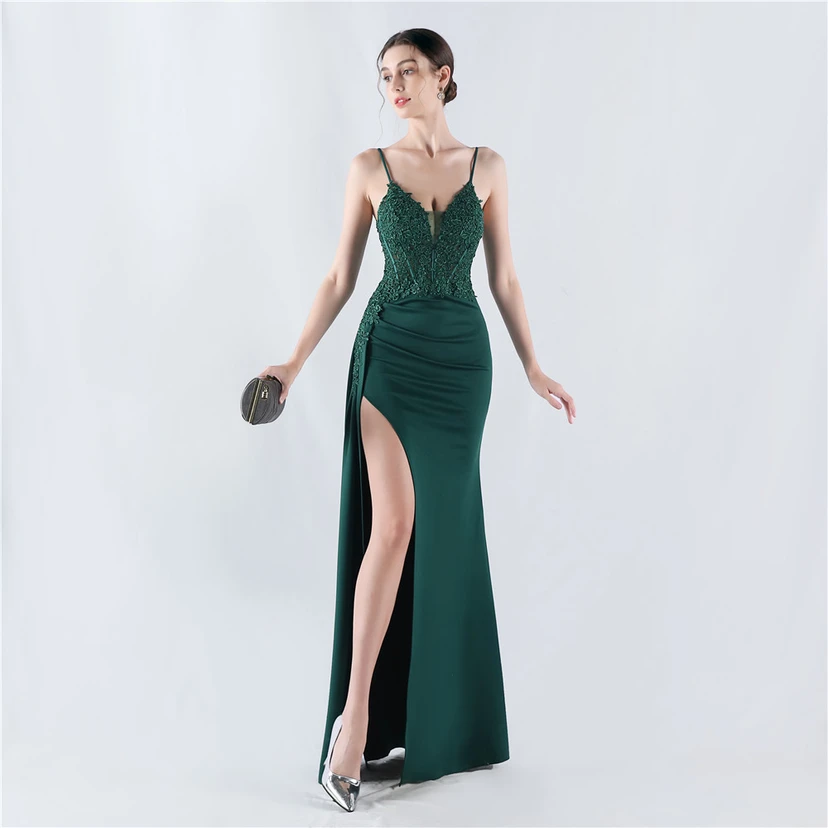 Heavy Hot Diamonds And Flower-Set Waisted Fishbone Satin Evening Dress Annual Meeting Wedding view 59