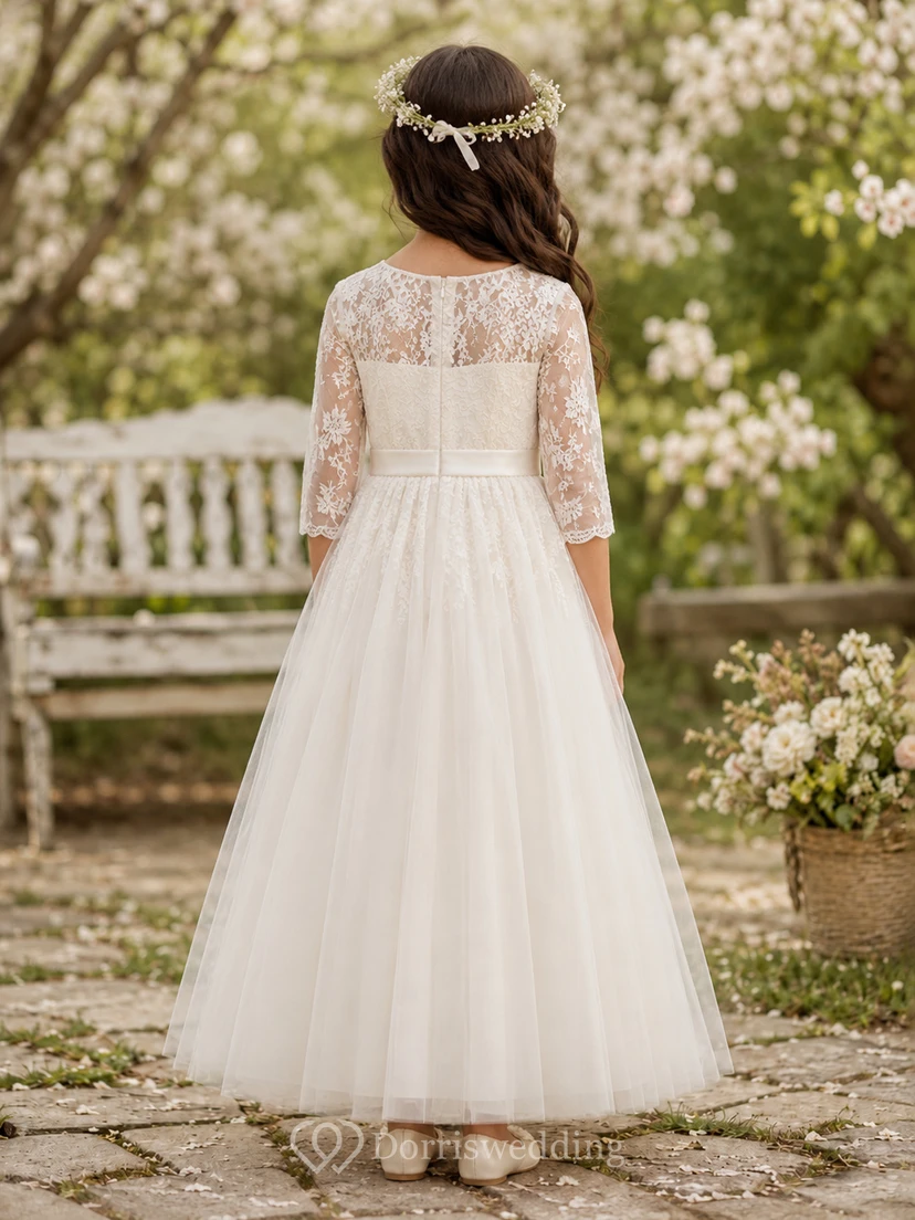 Langärmeliges Blumenmädchenkleid aus Spitze und Tüll view 2