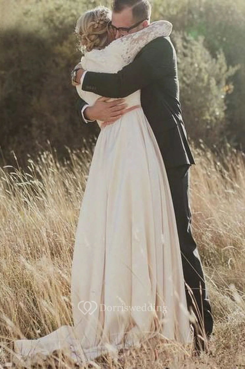 Elegant Long Sleeve Sheath Scalloped Lace And Satin Wedding Bridal Gown view 5