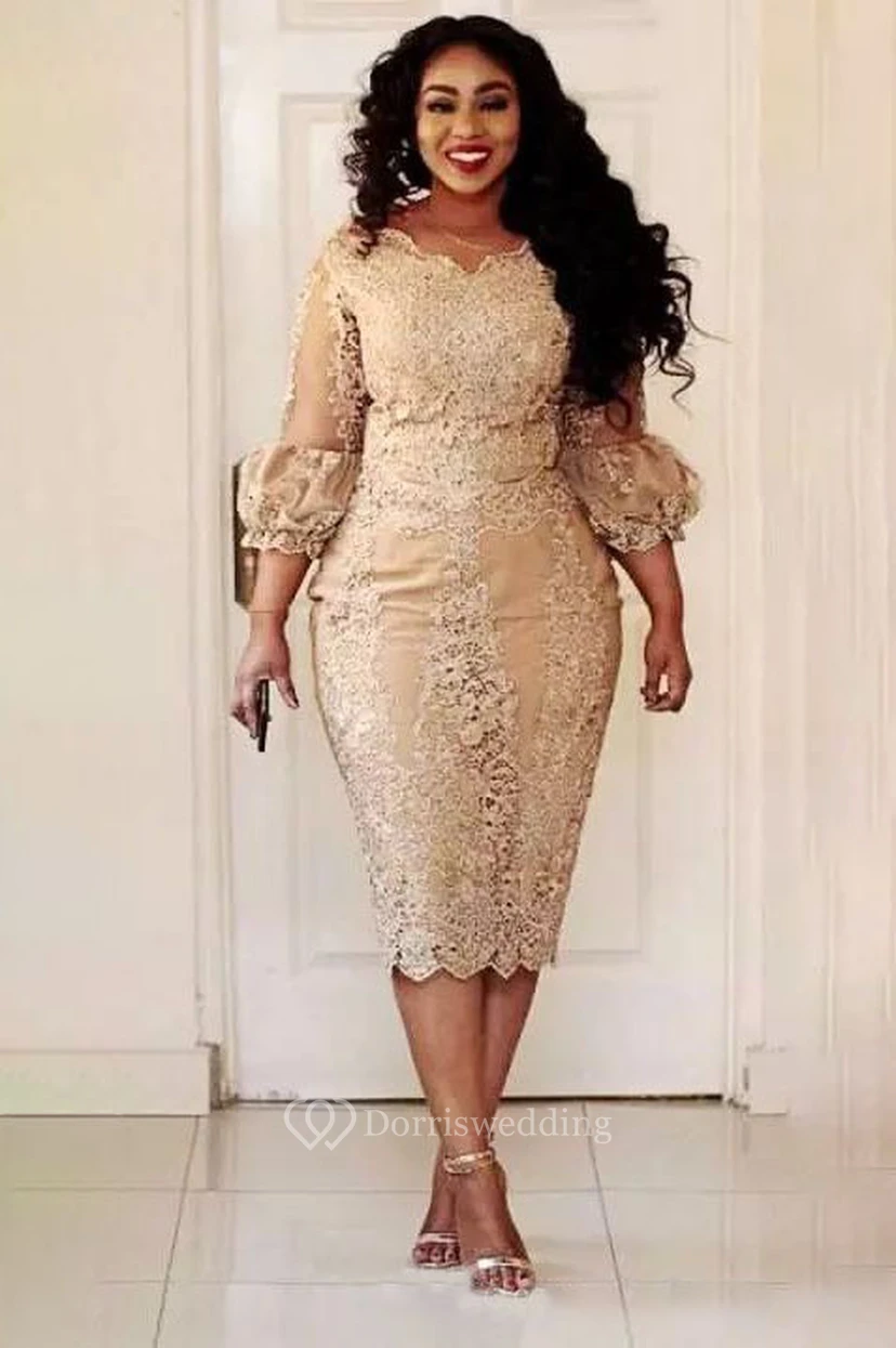 Plus Size Knielanges 3-4-Kleid mit Muschelsaum, Vintage-Schnitt, figurbetont, sexy Ärmeln und Puffärmeln view 3