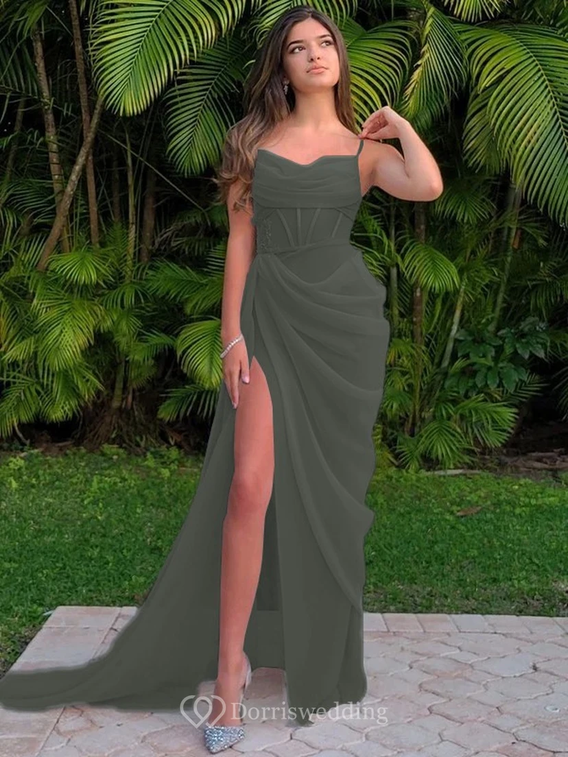 Spaghetti Ruched Sexy Front Split Sheath Side-ruched Prom Dress view 43