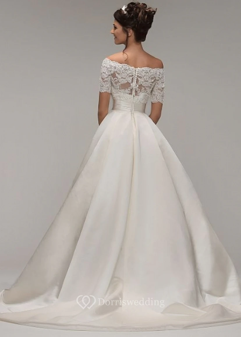 A-Line Off-The-Shoulder Short-Sleeve Satin Wedding Dress With Illusion view 2