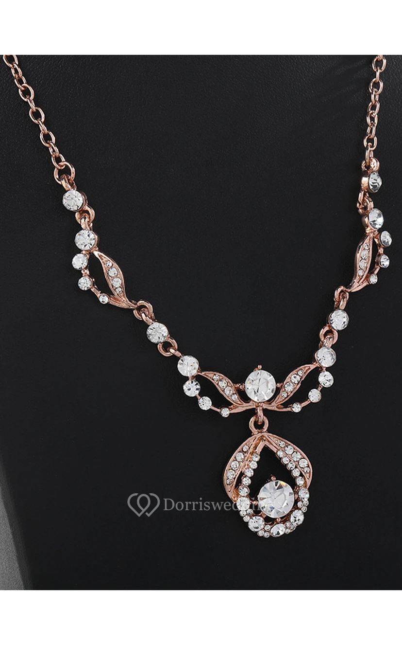Rose Gold Rhinestone Design Necklace and Earrings Jewelry Set view 2