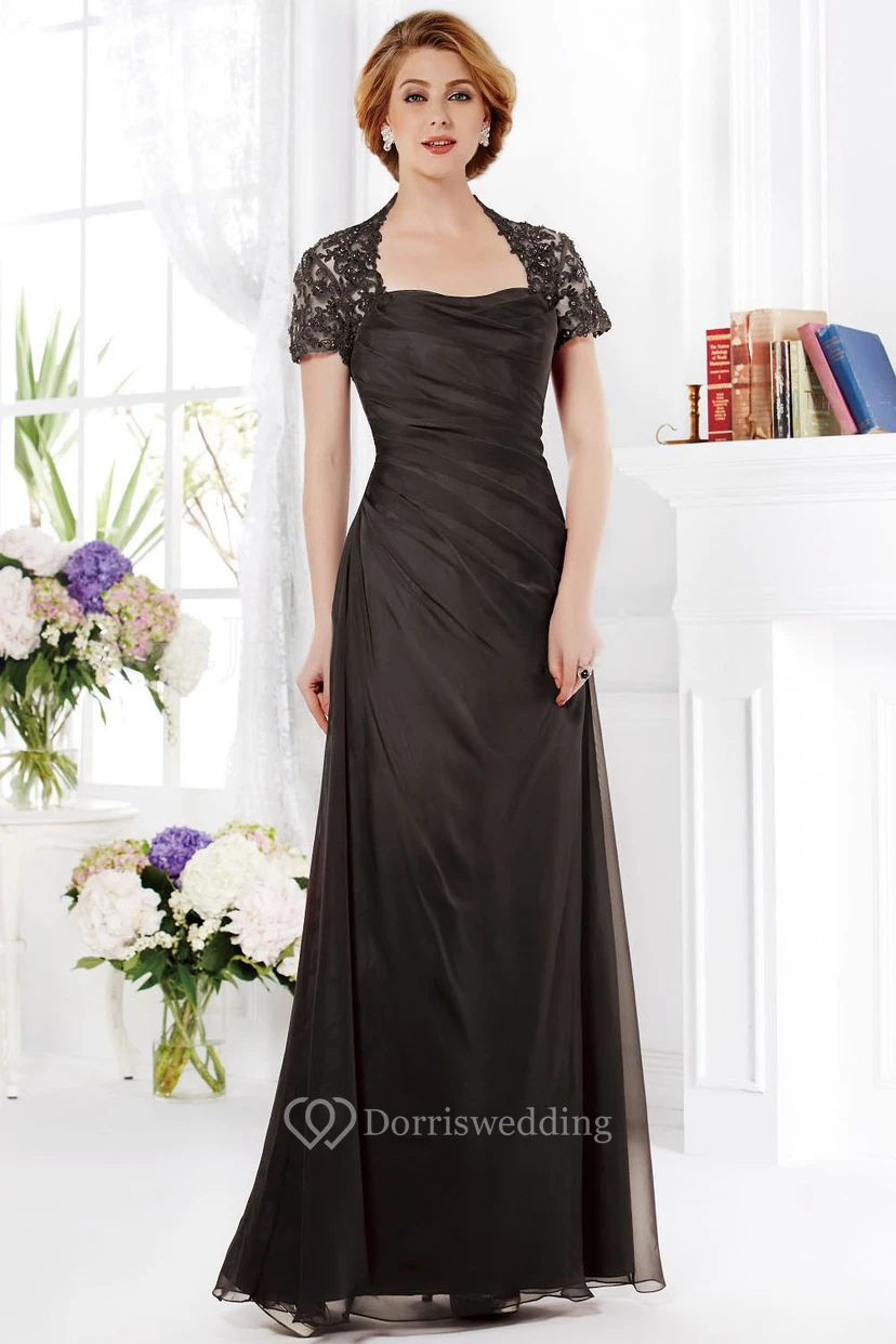 Kurzärmeliges A-Linien-Kleid für die Mutter der Braut mit Rüschen und eckigem Ausschnitt