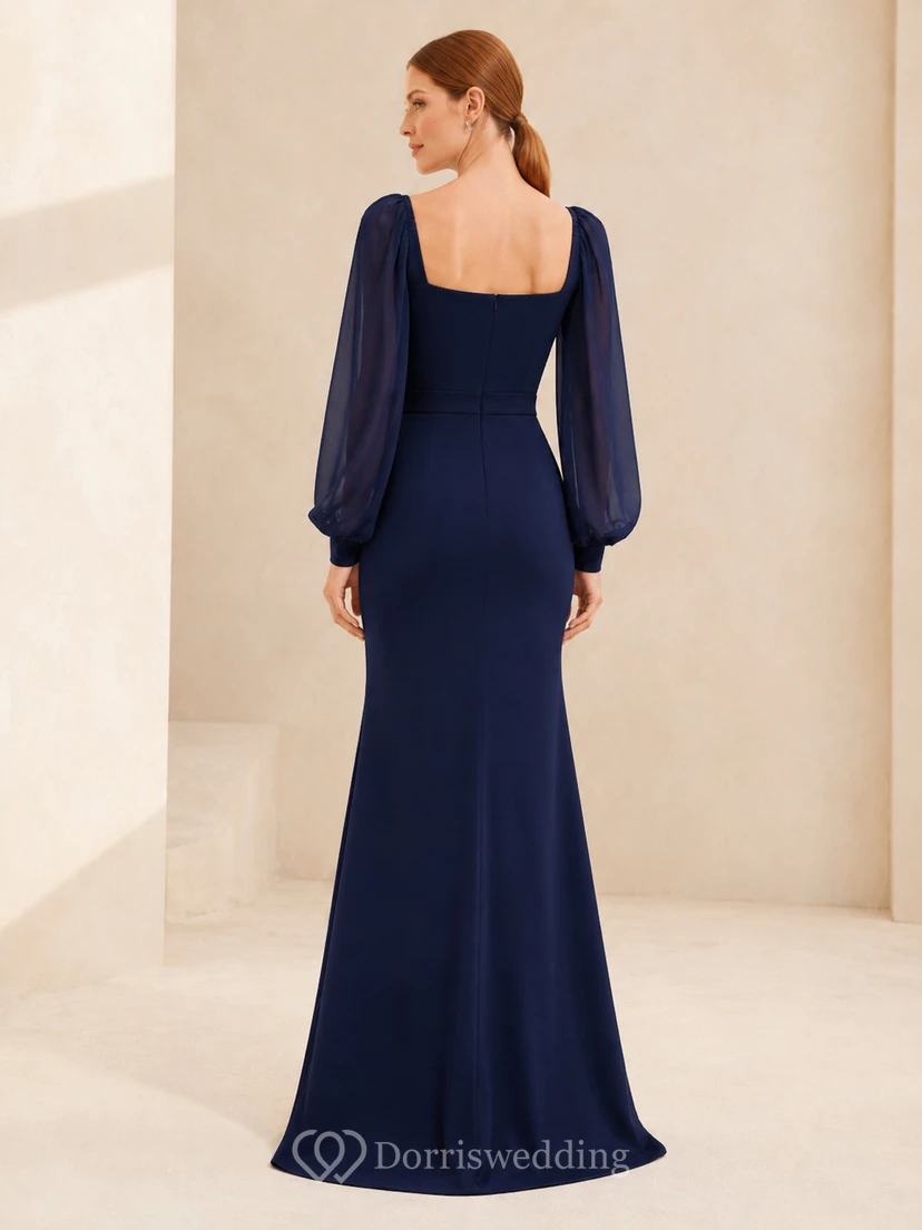 Dunkelblaues Meerjungfrauenkleid mit eckigem Ausschnitt und Bischofsärmeln view 2