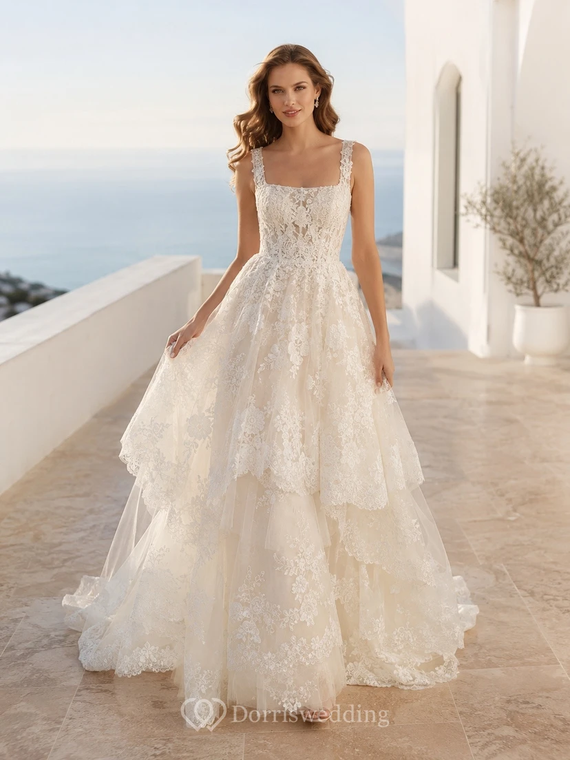Ballkleid mit eckigem Ausschnitt, Spitze, Hofschleppe, Brautkleid, festlich
