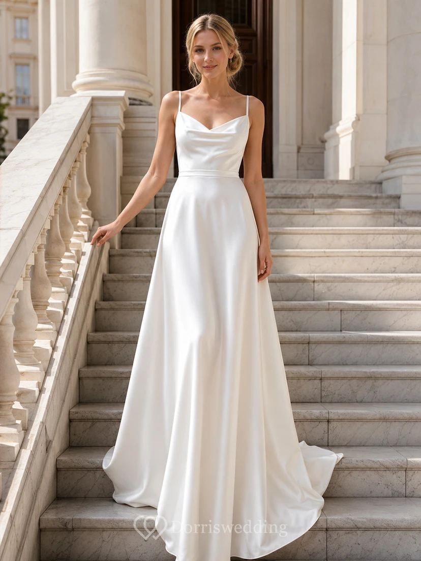 Minimalist Square Neck Spaghetti Strap Satin A-Line Wedding Dress
