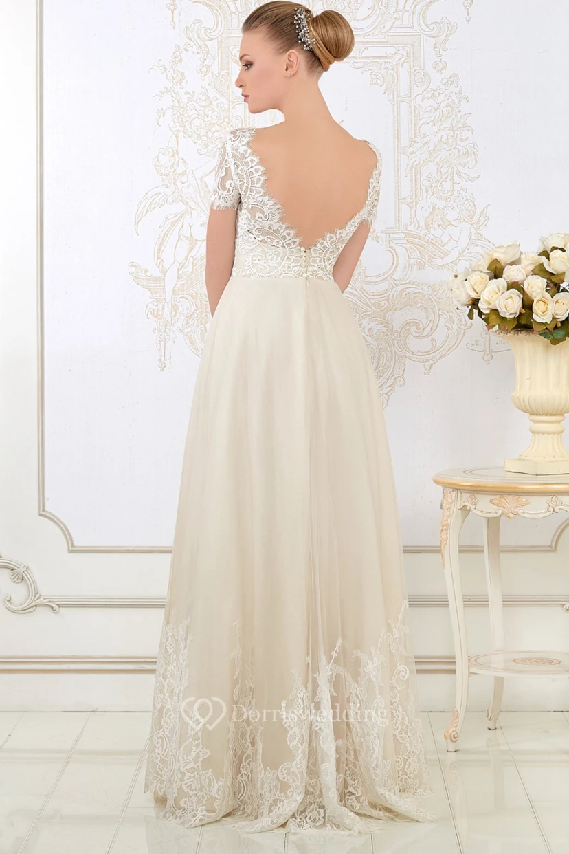 Floor-Length V-Neck Appliqued Short-Sleeve Lace Wedding Dress view 2