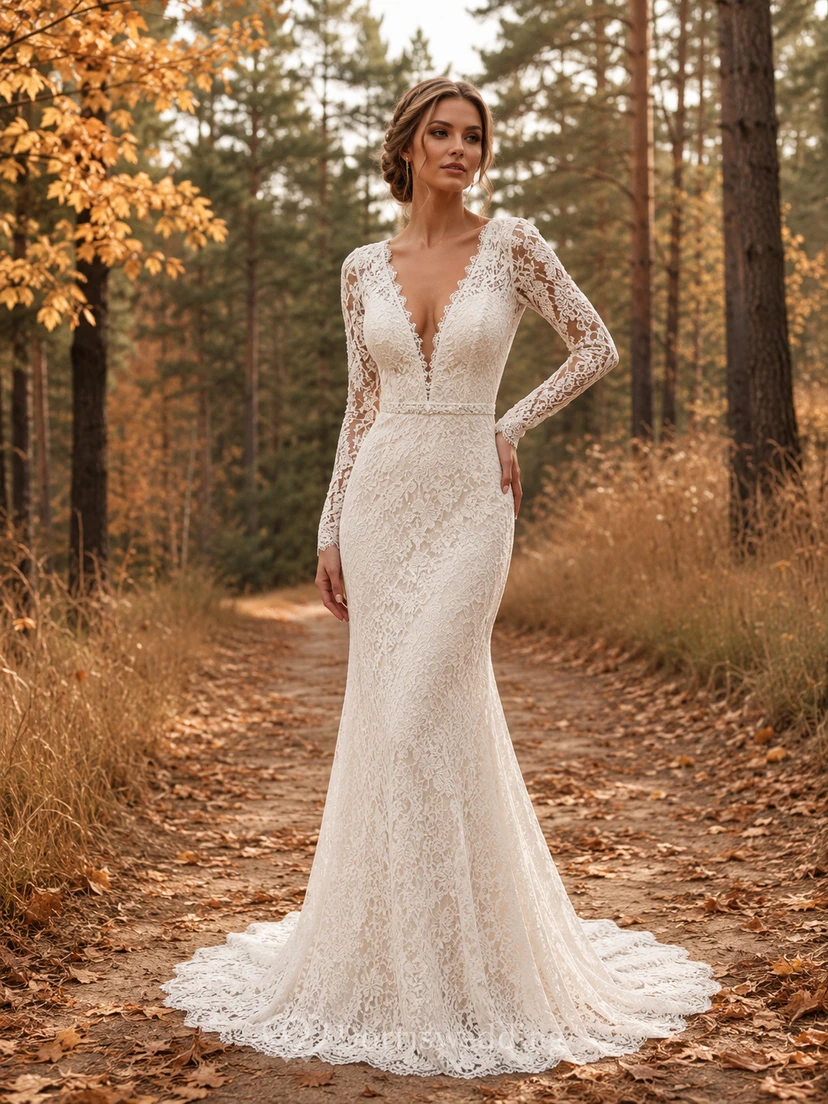 Autumn Long Sleeve V-Neck Lace Mermaid Forest Elopement Gown