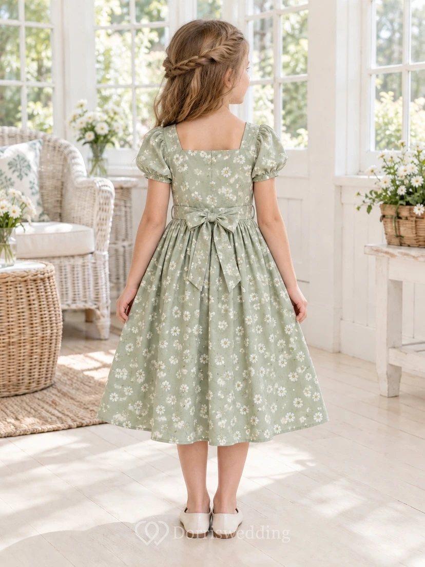 Square Neck Tea-length Sage Floral Puff Sleeve Bow Cotton Flower Girl Dress view 2