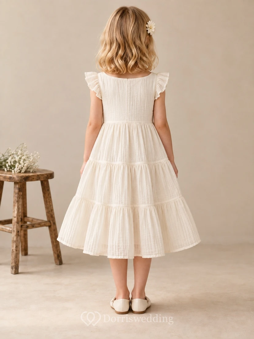 Simple Country Tea-length Ivory Flutter Sleeve Tiered Gauze Flower Girl Dress view 2