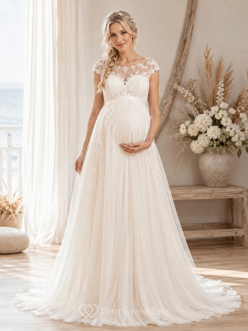 Vestido de novia premamá de corte A con cola, manga corta y encaje