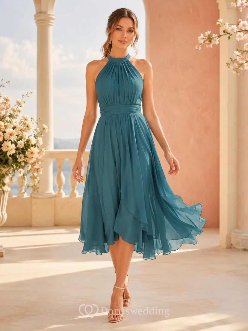 Himmelblaues, plissiertes Chiffon-Brautkleid mit Neckholder und asymmetrischem Saum in Midi-Länge