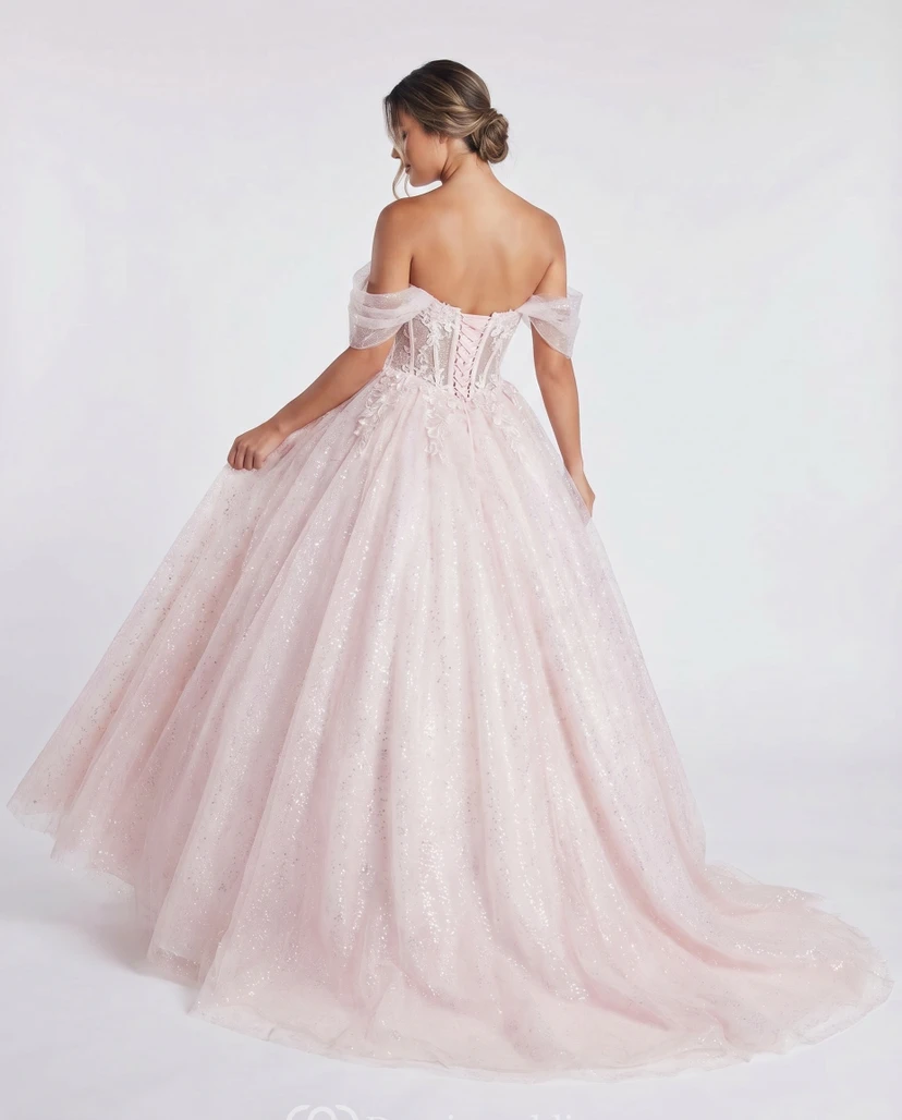 Blush Pink Quinceanera Glitter Tulle Ball Gown Off Shoulder Corset Prom Dress view 2