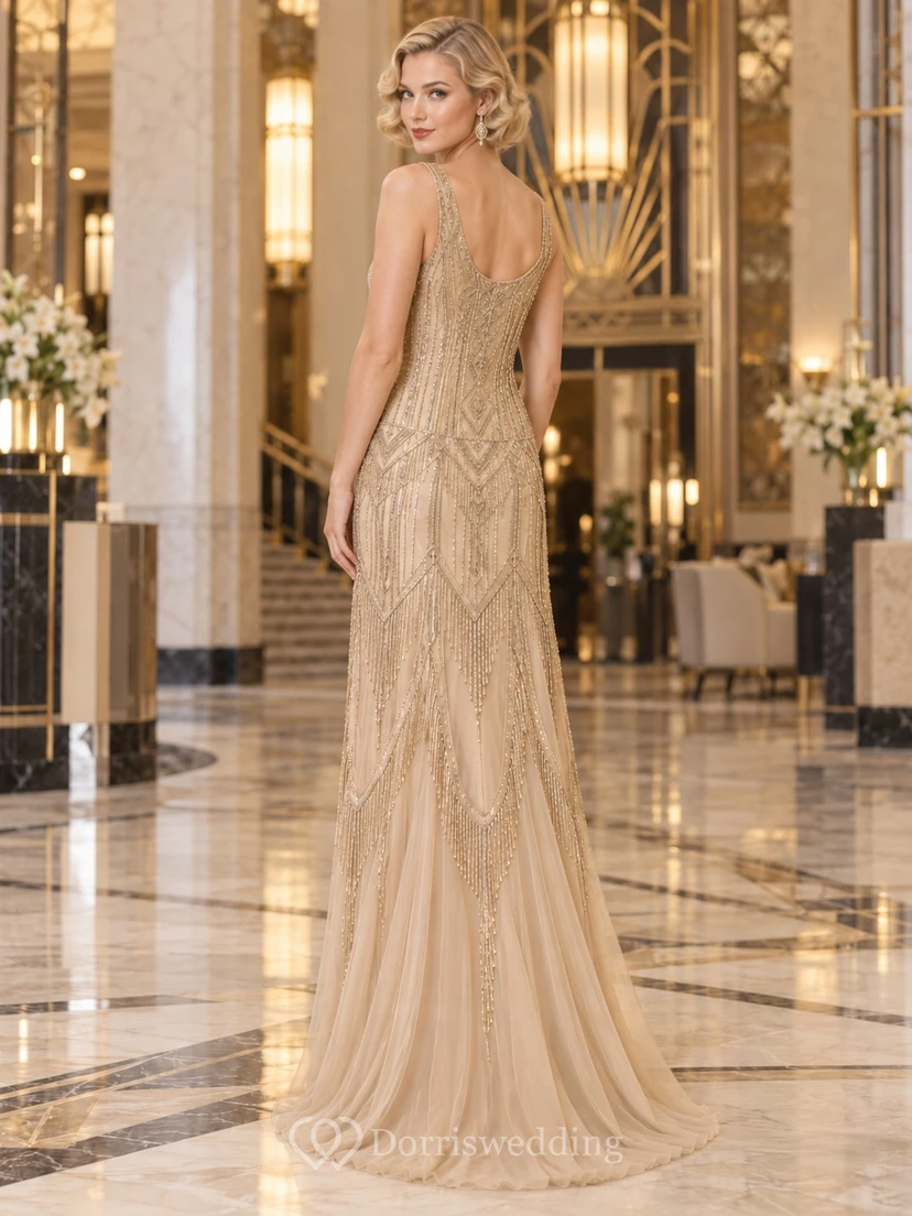 Robe de bal longue sans manches, couleur champagne, col rond, à perles géométriques, style années 1920 view 2