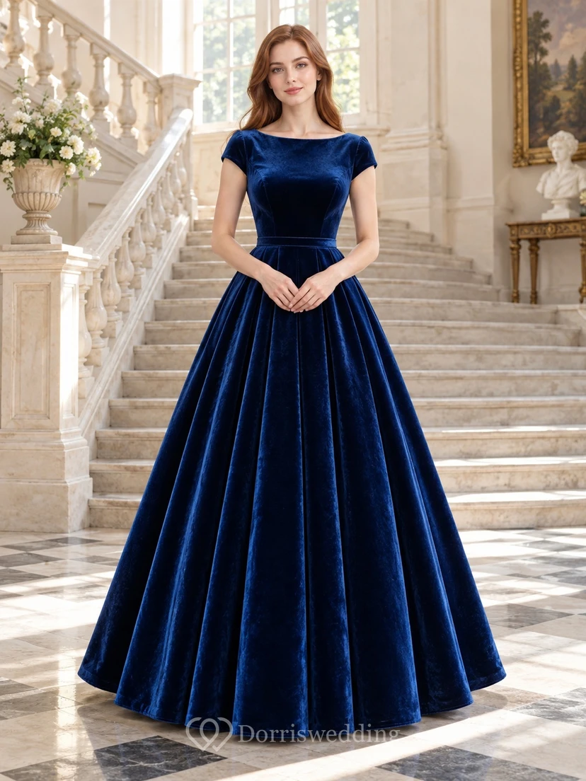 Königsblaues, elegantes A-Linien-Kleid aus Samt mit U-Boot-Ausschnitt und kurzen Ärmeln