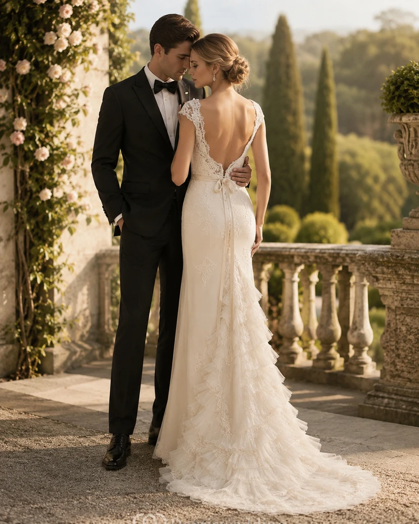 Wunderschönes, gestuftes, plissiertes Spitzenkleid mit V-Ausschnitt und kurzen Ärmeln für die Mutter der Braut. view 3