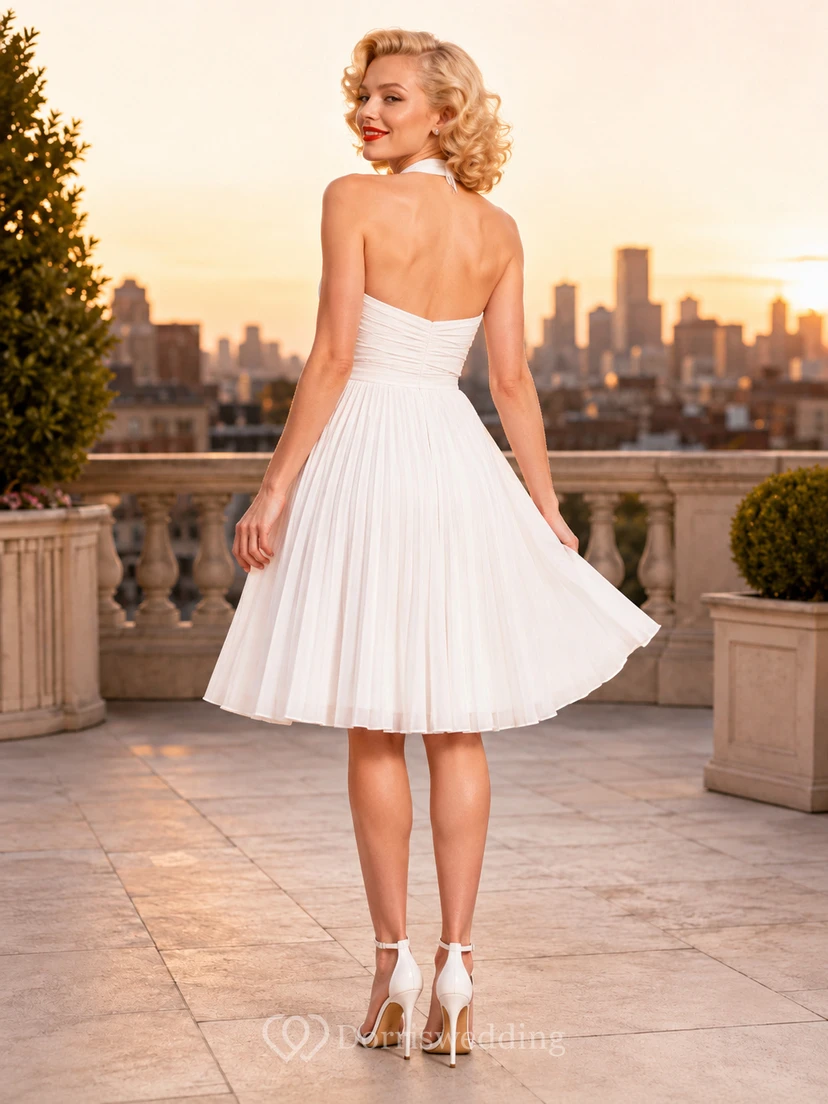 Classic Halter Ivory A-Line Tea-length Sleeveless Chiffon Vintage Simple Cocktail Guest Garden Dress view 2