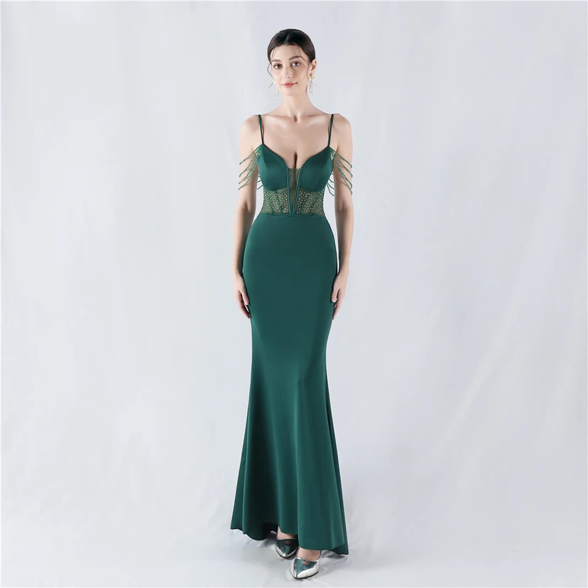 Vestido de noche con cintura de espiga, bordado de diamantes de imitación, ideal para banquetes y presentaciones. view 19