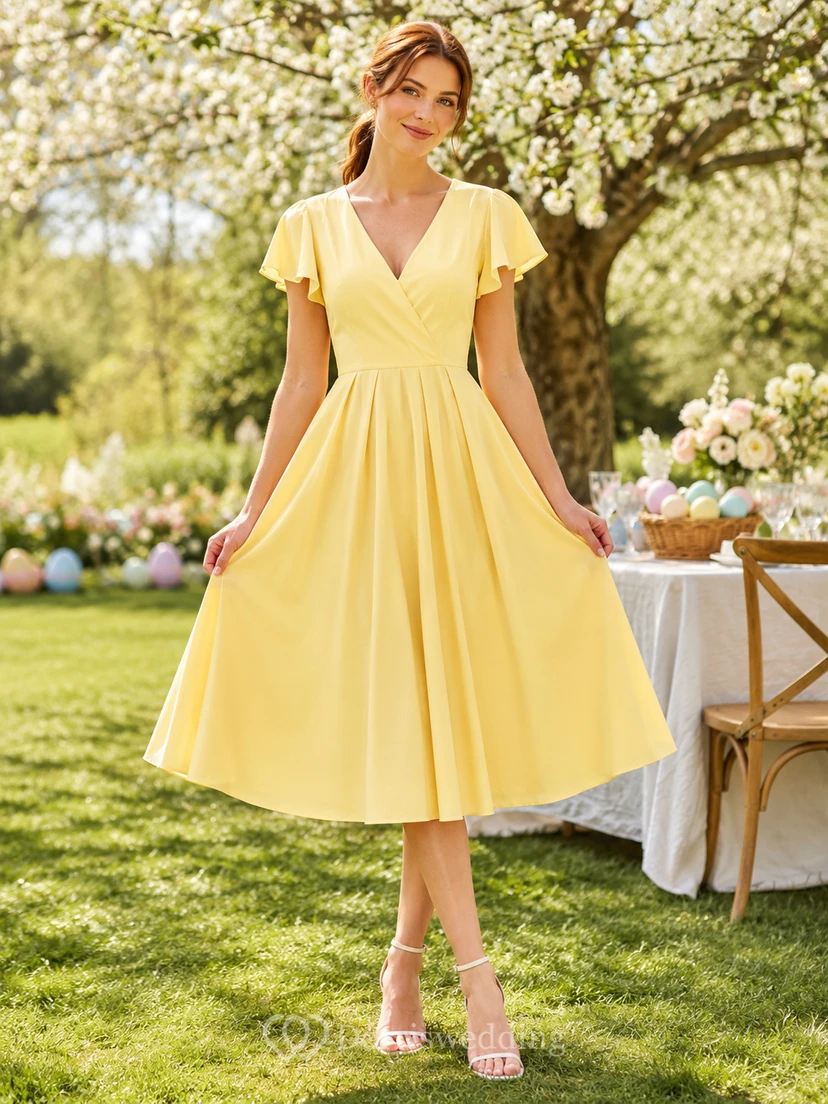 Pastel Yellow Flutter Sleeve V Neck A Line Midi Dress