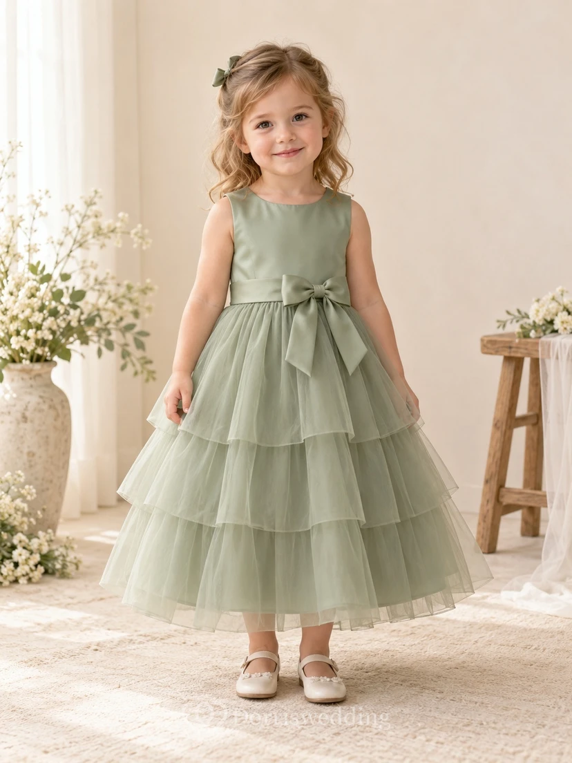 Teelanges, schlichtes, salbeifarbenes Sommerkleid in A-Linie aus Tüll, ärmellos, mit Schleife in der Taille, Blumenmädchenkleid