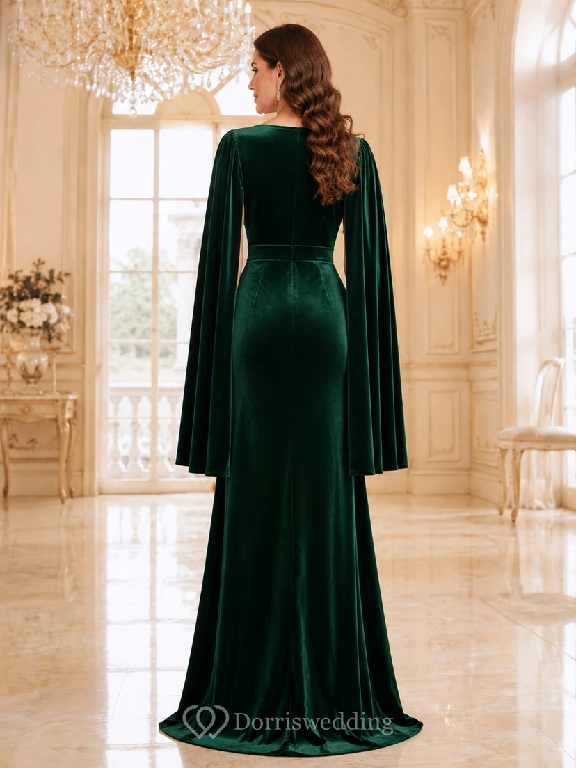 Emerald Velvet V Neck Cape Sleeve Sheath Evening Gown view 2