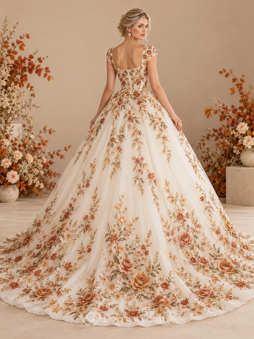 Square Neck Autumn Floral Embroidered Cap Strap Ball Gown Wedding Dress view 2