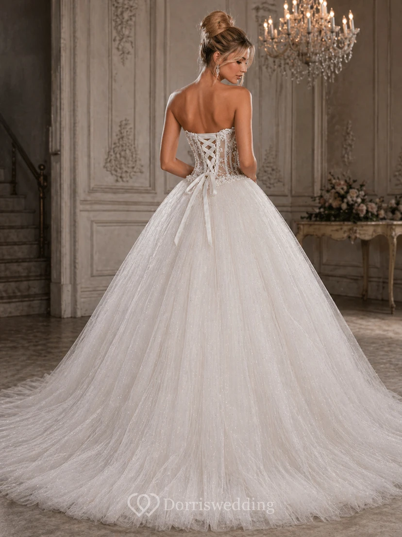 Elegant Sweetheart Sleeveless Tulle Wedding Dress With Appliques Beadings view 2