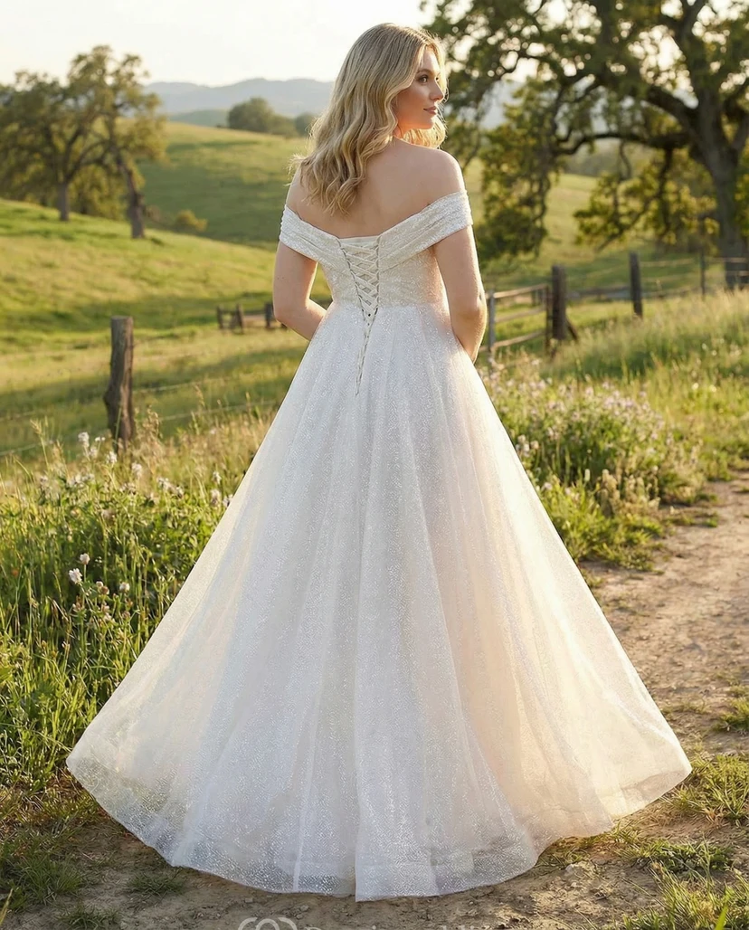Off Shoulder Glitter Tulle Maternity Wedding Dress with A-Line Skirt view 2